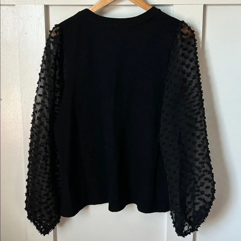 Anthropologie Maeve Textured Sleeve Top Black Sheer Swiss Dot Sleeves Large